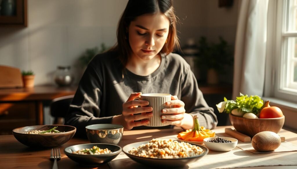 A serene, sun-dappled kitchen table set with a simple meal - whole grains, fresh produce, and a steaming cup of tea. A woman sits with eyes closed, hands cupped around her mug, deeply inhaling the fragrant steam. Her expression is one of tranquility and presence, as she focuses on the sensations of taste, smell, and texture, savoring each bite mindfully. The scene is bathed in warm, diffused lighting that highlights the natural colors and textures of the food. The overall mood is contemplative and nourishing, inviting the viewer to slow down and appreciate the simple pleasure of a wholesome, mindful meal.