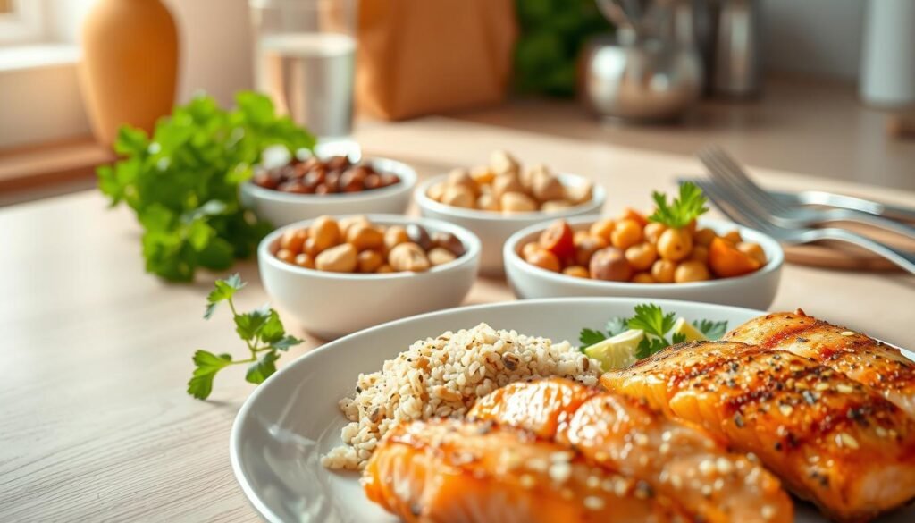 A well-lit, high-resolution image of a balanced, nutritious meal featuring various protein-rich foods. In the foreground, a plate containing grilled chicken breast, roasted salmon fillets, and a small portion of quinoa. In the middle ground, a selection of plant-based protein sources, such as lentils, tofu, and chickpeas, arranged in small bowls. In the background, a clean, minimalist kitchen counter or table, with fresh herbs, a glass of water, and a fork and knife neatly placed. The lighting is warm and natural, highlighting the vibrant colors and textures of the protein-rich ingredients. The overall atmosphere conveys a sense of health, balance, and the importance of incorporating diverse protein sources into a wholesome diet.