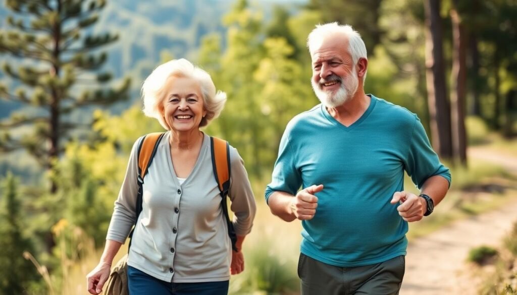Active elderly couple enjoying outdoor activities, representing healthy aging beyond BMI numbers
