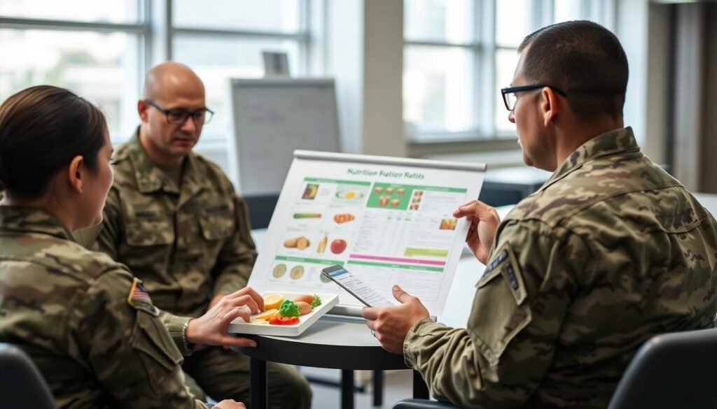 Army nutritionist providing dietary guidance to soldiers