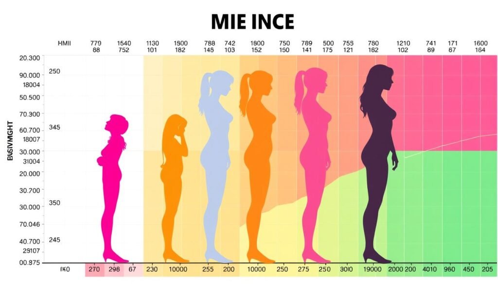BMI chart for women showing different weight categories with female silhouettes BMI chart for women showing different weight categories with female silhouettes