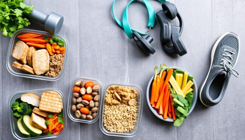 Balanced approach to fitness showing healthy meal prep and exercise equipment