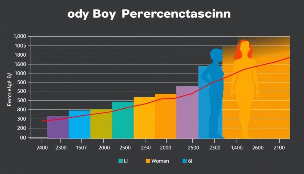 Chart showing ideal body fat percentage ranges by age and gender Chart showing ideal body fat percentage ranges by age and gender