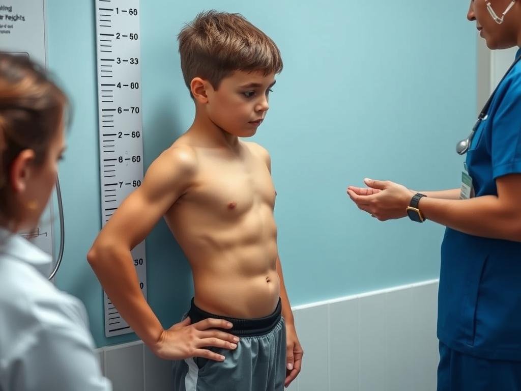 Child with athletic build being measured for height