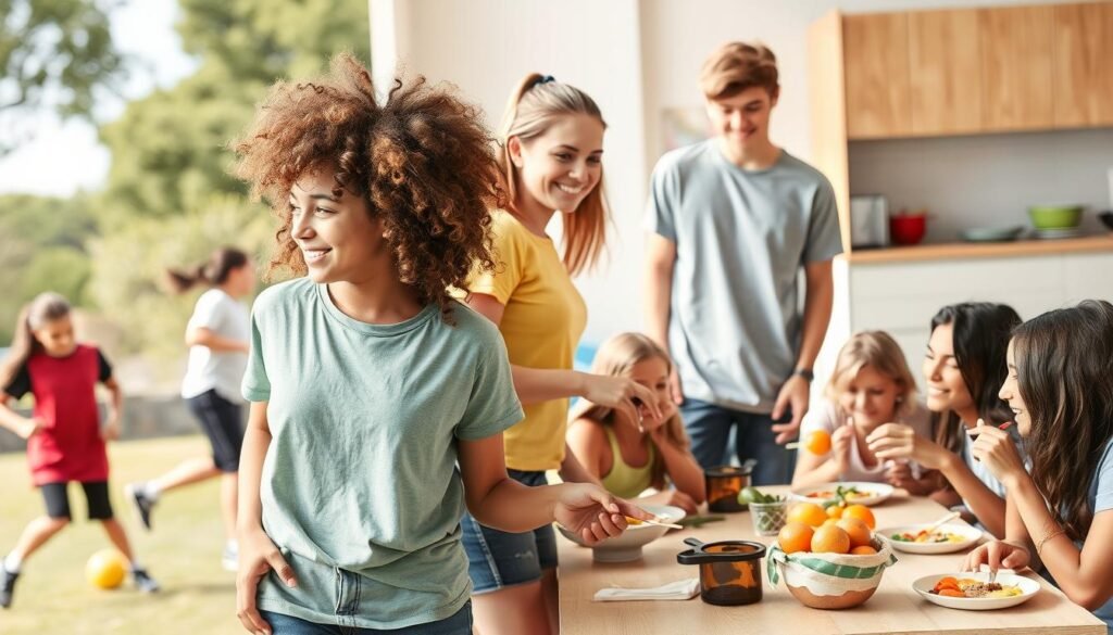 Diverse group of teens engaged in healthy activities like sports and preparing nutritious food