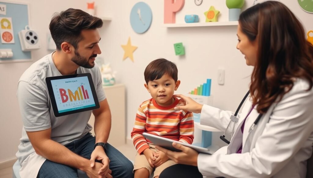 Doctor discussing BMI Calculator Child results with parent and child