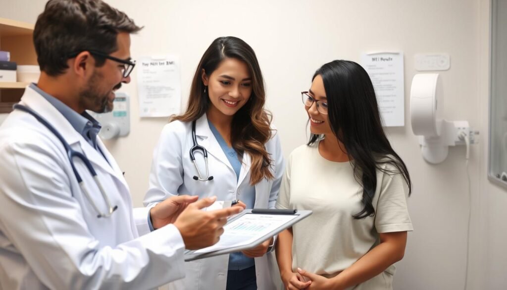 Doctor discussing BMI results with patient and creating a health plan Doctor discussing BMI results with patient and creating a health plan
