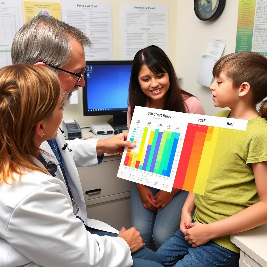 Doctor explaining BMI chart results to parent and child Doctor explaining BMI chart results to parent and child