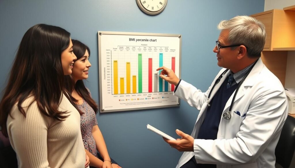 Doctor explaining BMI percentile chart to teen patient and parent