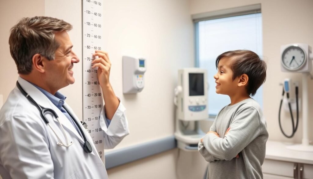 Doctor measuring height of a child for BMI calculation Doctor measuring height of a child for BMI calculation