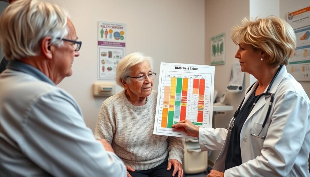 Elderly couple discussing BMI results with a healthcare provider