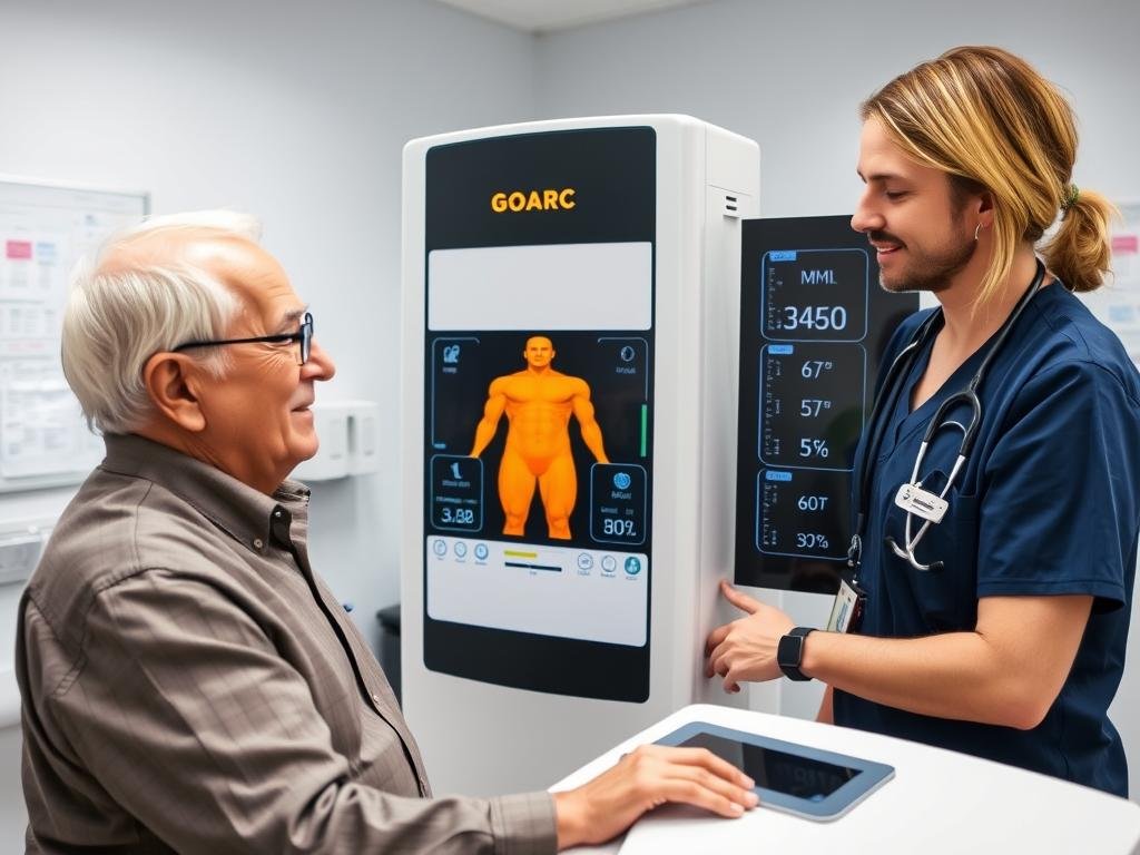 Elderly man having body composition measured with advanced equipment