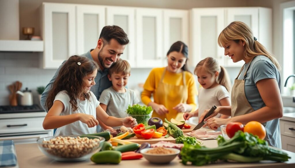 Family preparing healthy meal together for optimal BMI Calculator Child results