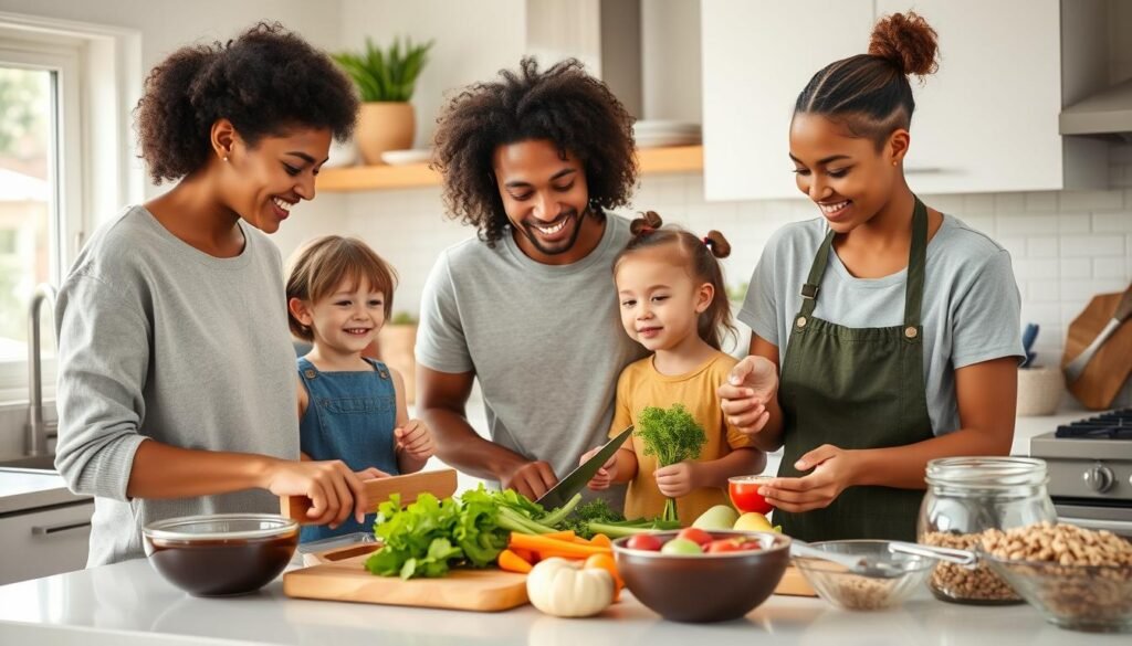 Family preparing healthy meal together in kitchen