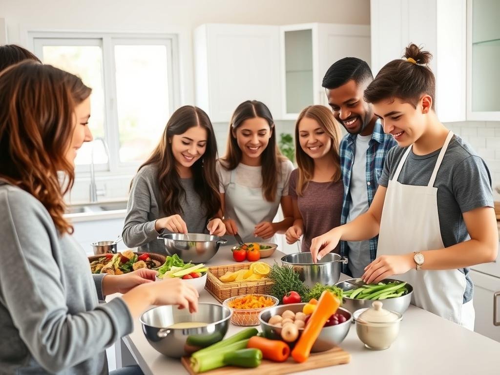 Family preparing healthy meal together with teenagers actively participating