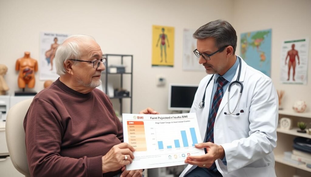 Healthcare provider discussing BMI results with elderly patient