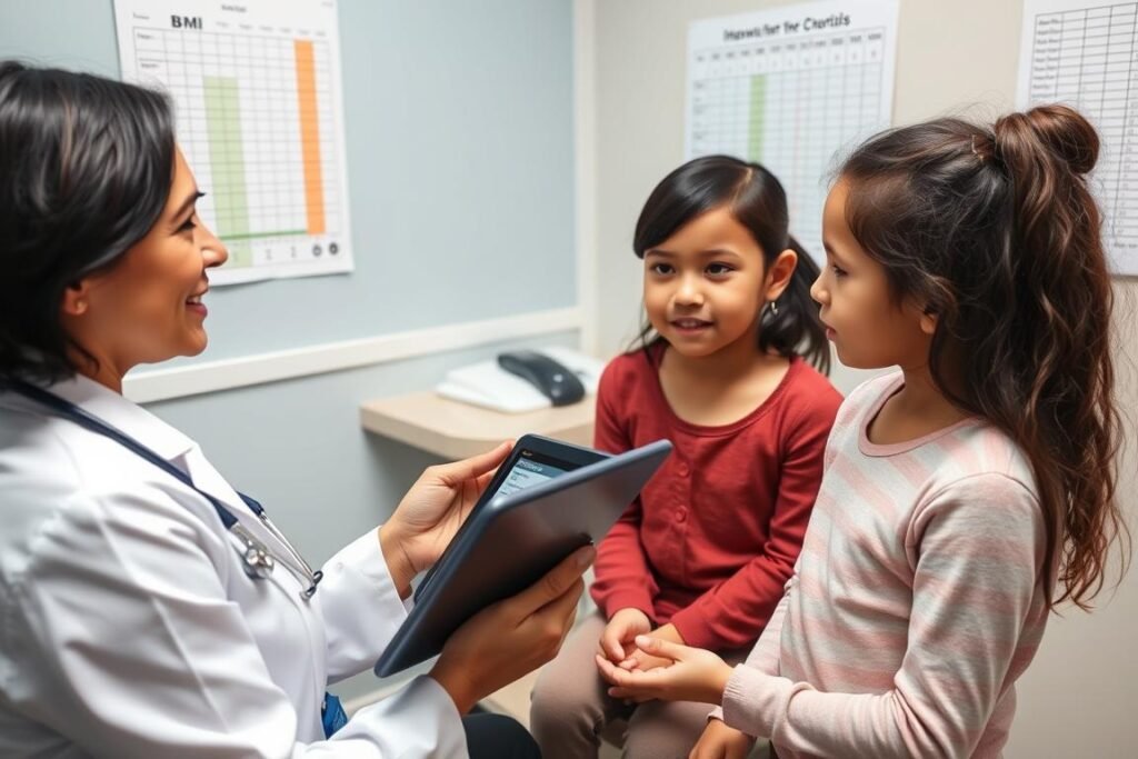 Healthcare provider discussing BMI results with parent and child