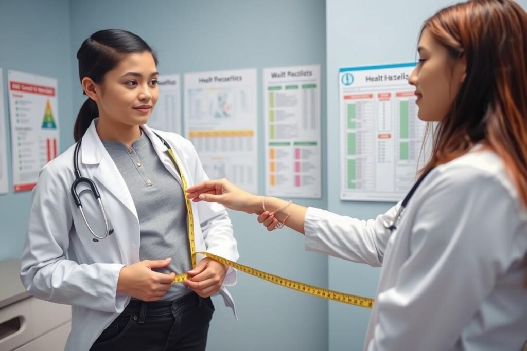 Healthcare provider measuring waist circumference of teen patient