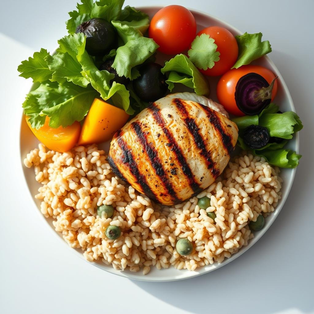 Healthy balanced meal with lean protein, vegetables, and whole grains Healthy balanced meal with lean protein, vegetables, and whole grains