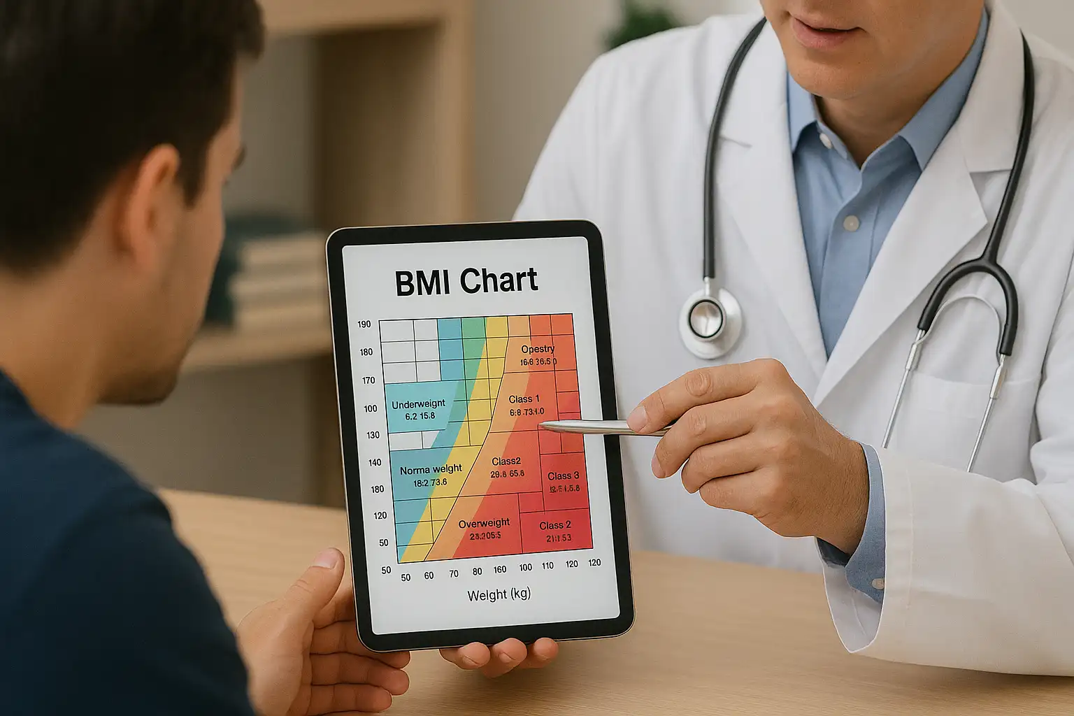 Medical professional explaining BMI chart to a patient during health consultation