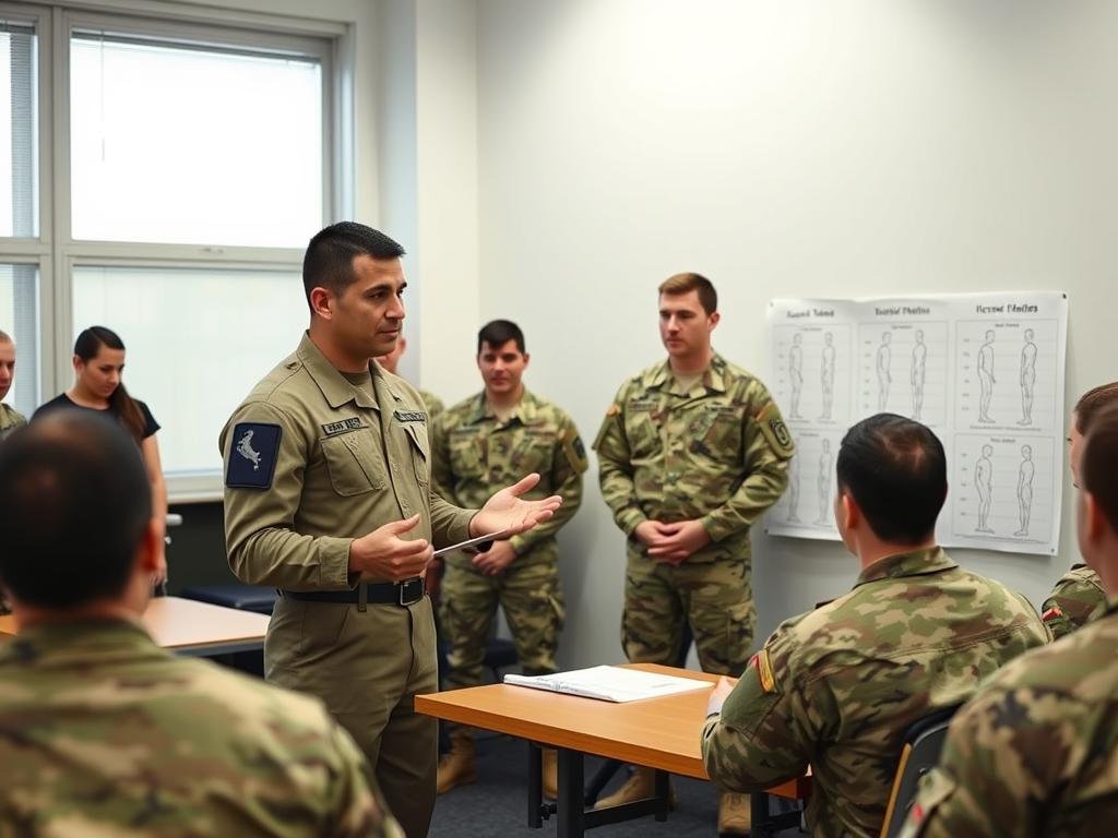Military fitness instructor explaining body composition assessment