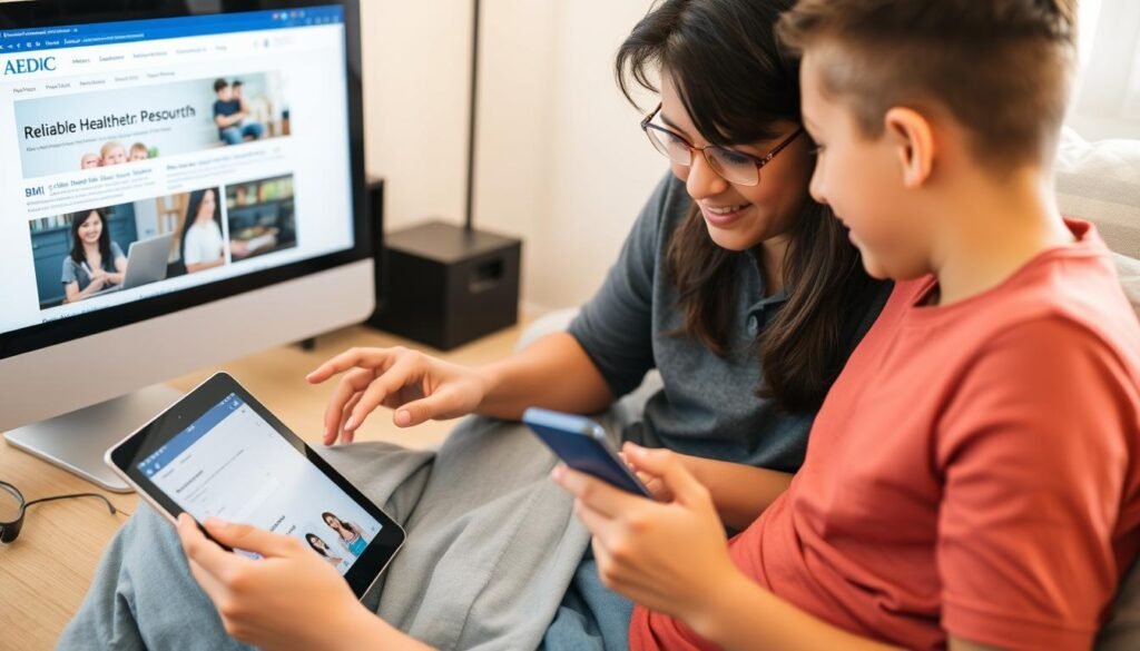 Parent and teen looking at reliable health resources on computer and mobile devices