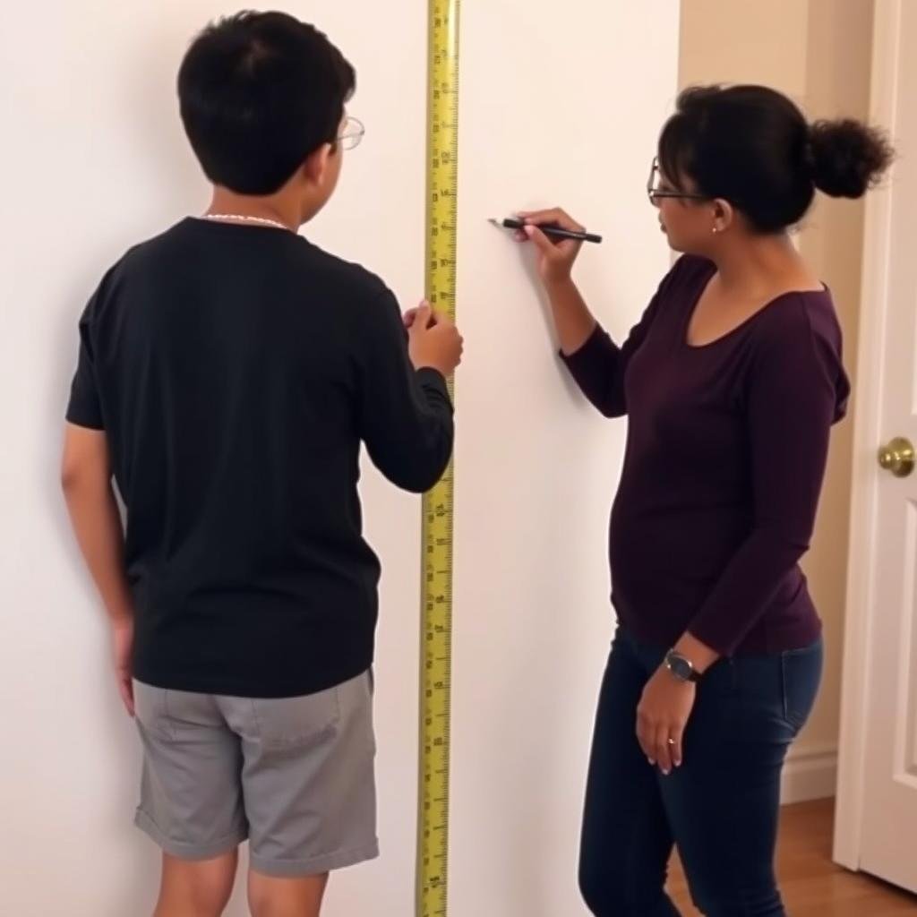 Parent measuring child's height at home for BMI Calculator Child