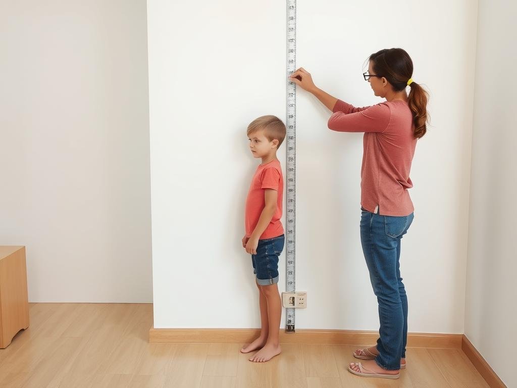 Parent measuring child's height at home for BMI calculation Parent measuring child's height at home for BMI calculation