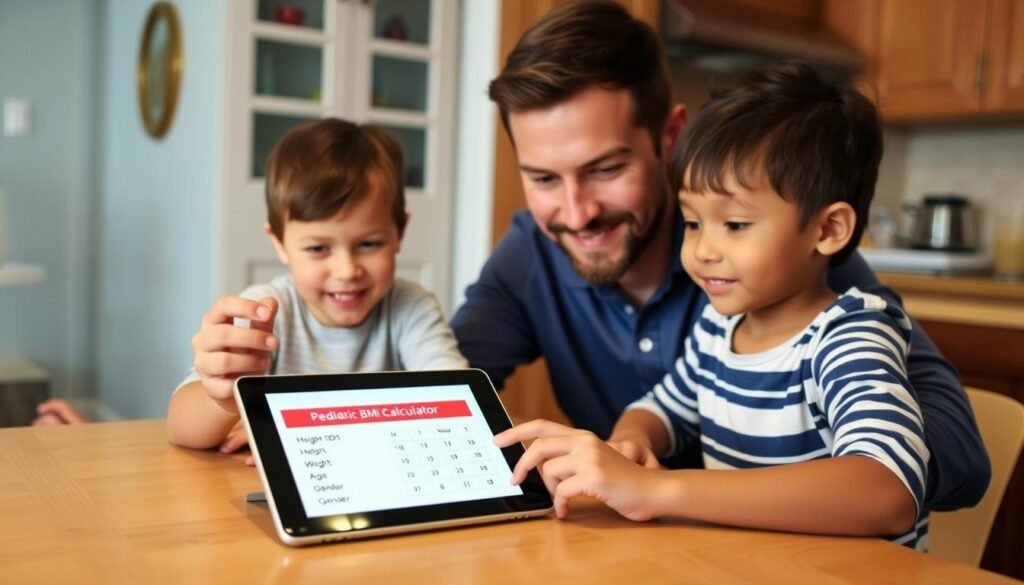 Parent using a Pediatric BMI Calculator on a tablet with their child