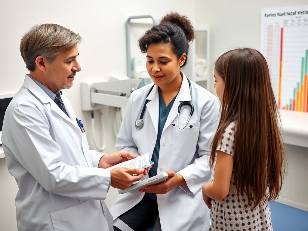Pediatrician discussing BMI results with parent and child Pediatrician discussing BMI results with parent and child