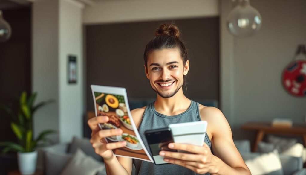 Person achieving fitness goals through balanced nutrition and exercise guided by calorie awareness