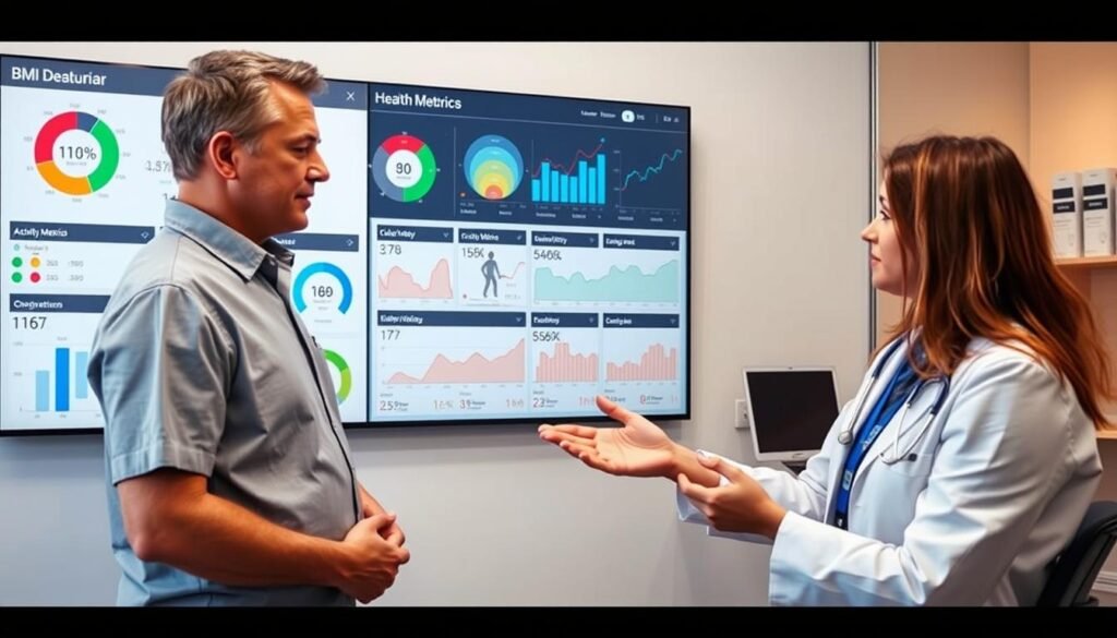 Person discussing health metrics with healthcare provider looking at comprehensive health dashboard Person discussing health metrics with healthcare provider looking at comprehensive health dashboard