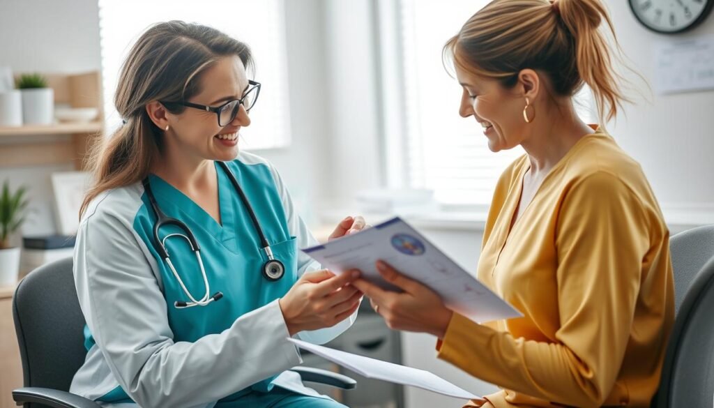 Person discussing health results with a healthcare professional in a medical office