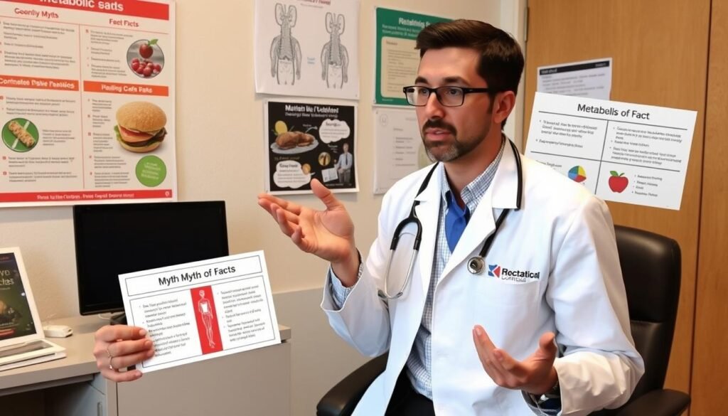 Person dispelling myths about metabolism with educational materials