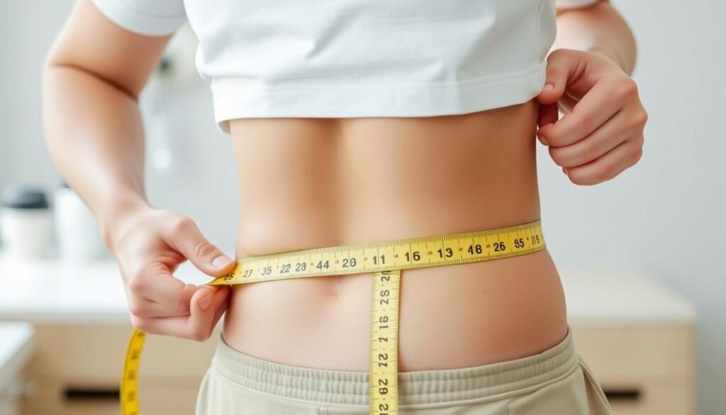 Person measuring waist circumference correctly for waist to height ratio calculation Person measuring waist circumference correctly for waist to height ratio calculation