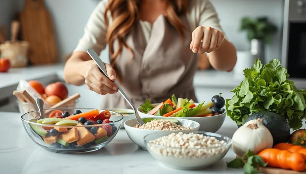 Person preparing healthy meal with fruits, vegetables, and whole grains