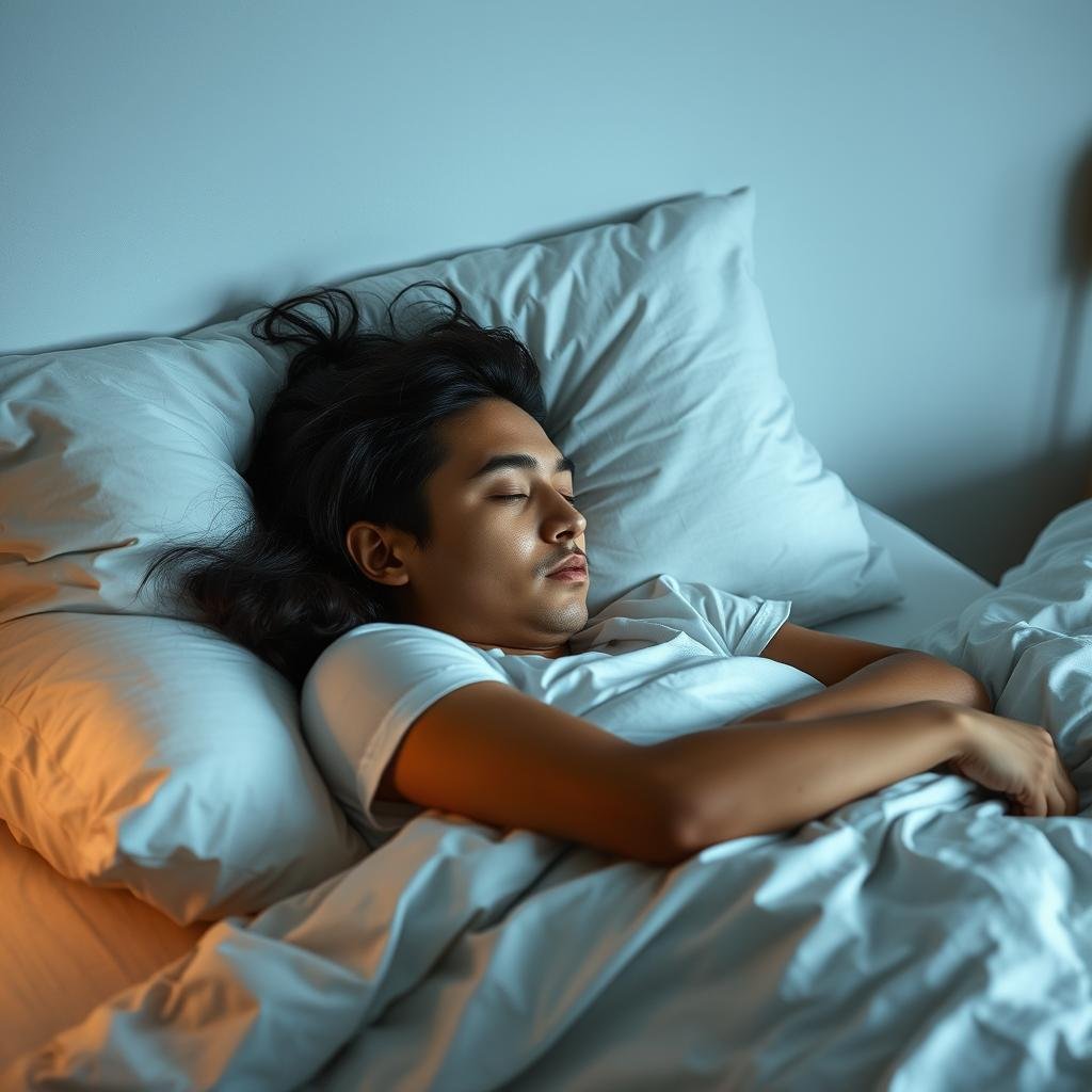 Person sleeping peacefully in bed demonstrating good sleep habits Person sleeping peacefully in bed demonstrating good sleep habits