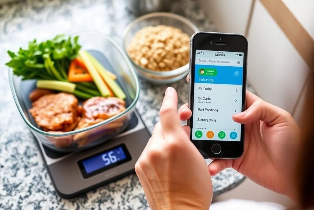 Person tracking calories for weight loss using a smartphone app and measuring food portions