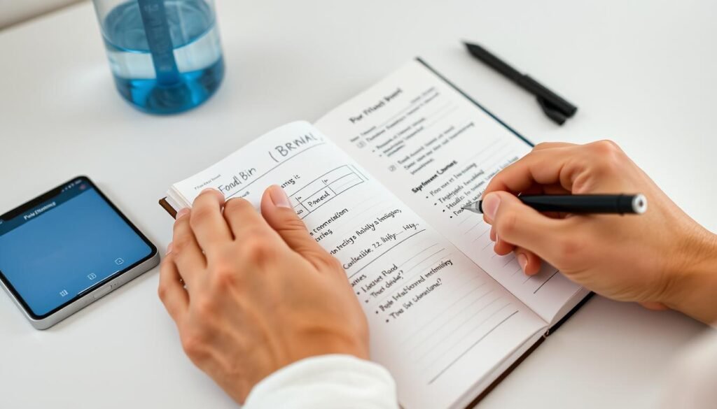 Person tracking fitness progress in journal with BMR notes