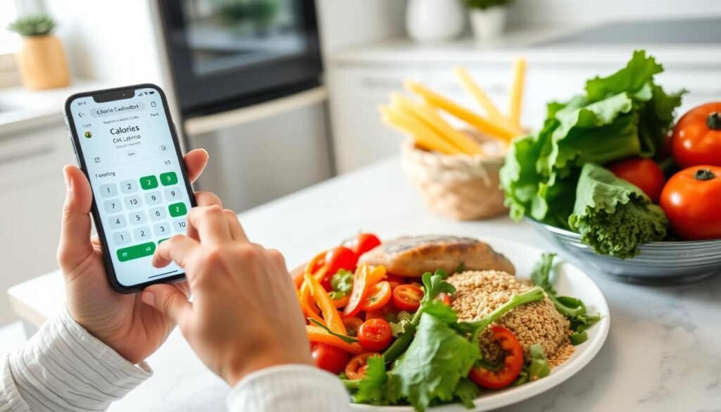 Person using a calorie calculator on a smartphone while preparing a healthy meal