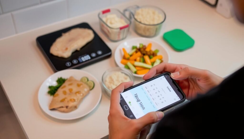 Person using a food scale and tracking app to accurately measure food portions