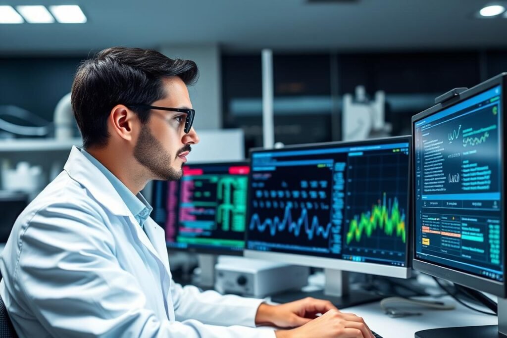 Scientist working with BMR calculation formulas in a laboratory setting