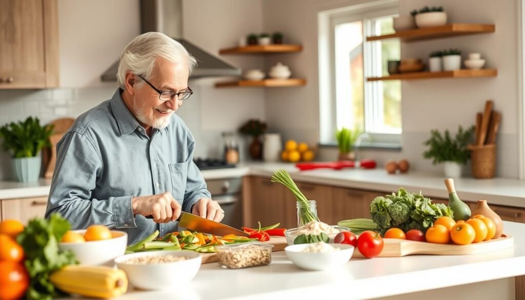 Senior couple preparing a healthy meal together in their kitchen