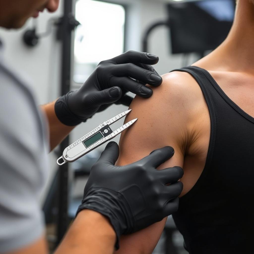 Skinfold caliper measurement being performed on a person Skinfold caliper measurement being performed on a person