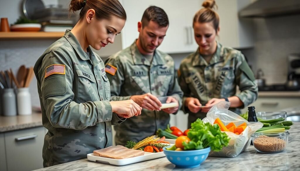 Soldier preparing healthy meal as part of fitness regimen