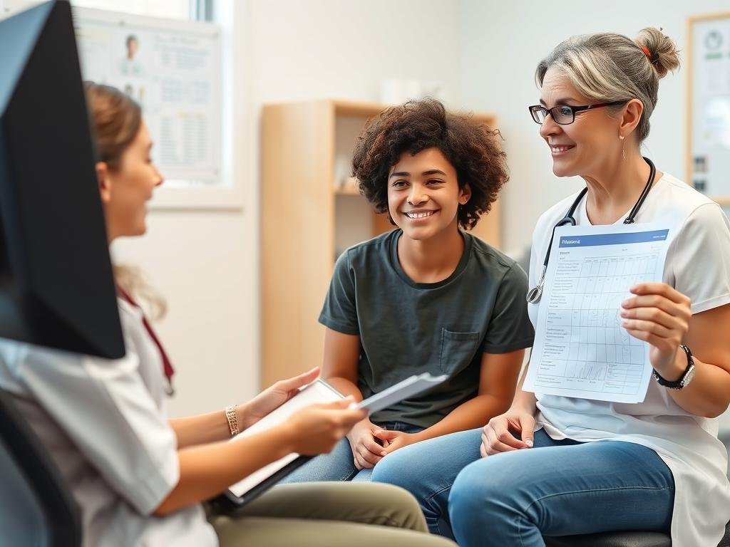 Teen with healthcare provider discussing health assessment results