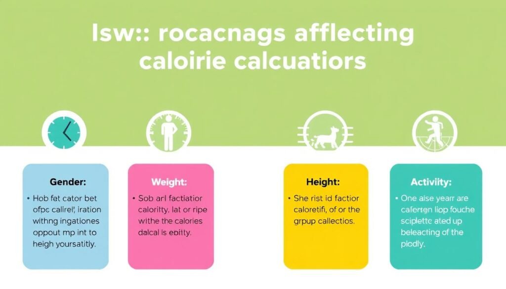 Various factors affecting calorie calculations including age, gender, weight, height, and activity level