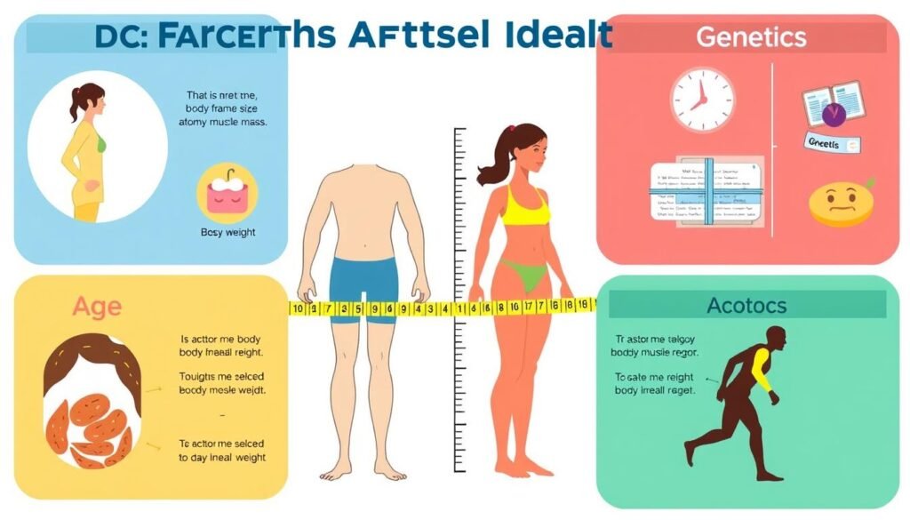 Various factors affecting ideal weight including age, body frame, muscle mass, and genetics