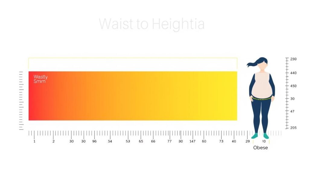 Visual representation of different waist to height ratio categories and associated health risks Visual representation of different waist to height ratio categories and associated health risks