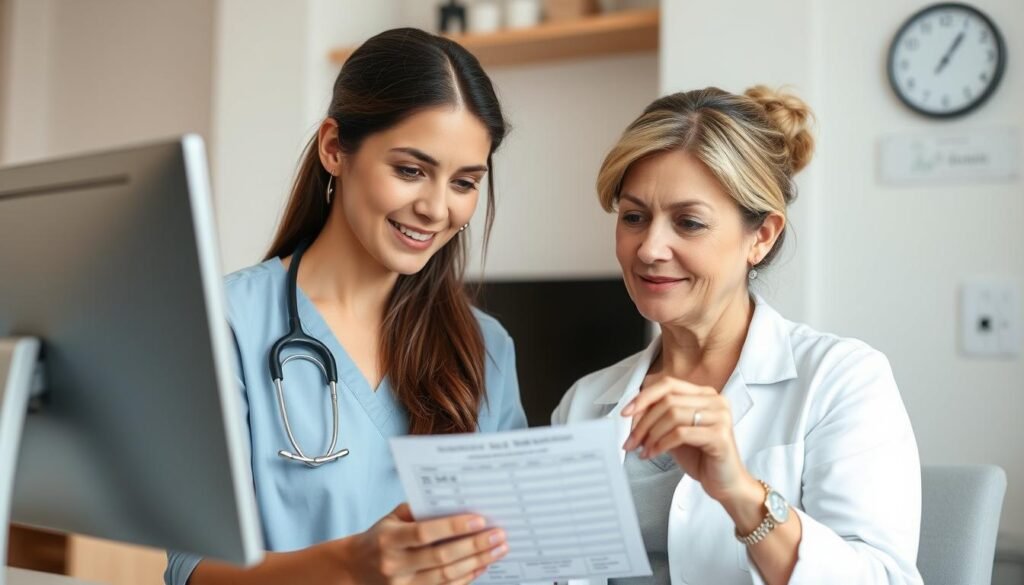 Woman discussing BMI results with healthcare provider Woman discussing BMI results with healthcare provider